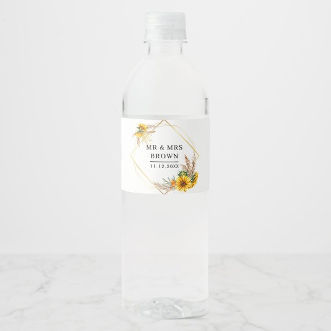 Watercolor Sunflower Rustic Wedding  Water Bottle Label (Front)