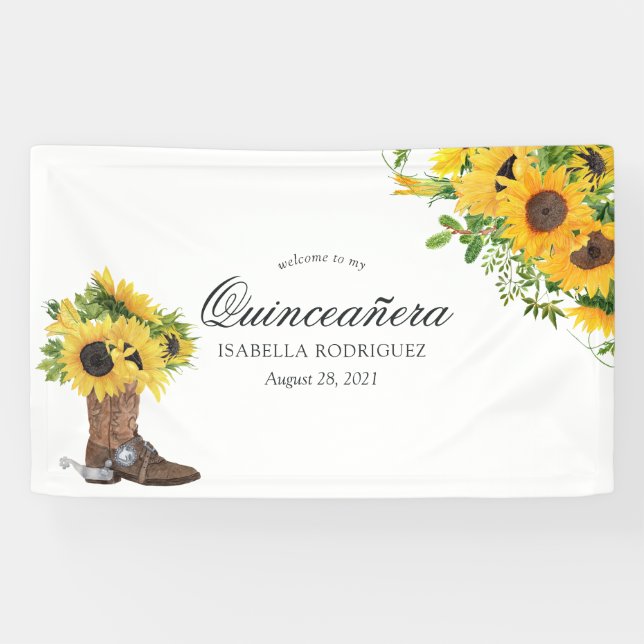 Watercolor Sunflower Rustic Western Quinceañera Banner (Horizontal)