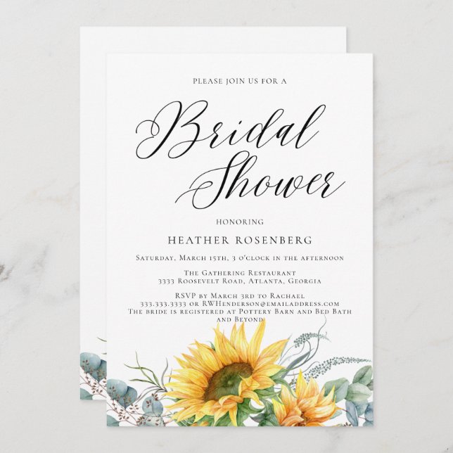 Watercolor Sunflower Script Wedding Bridal Shower Invitation (Front/Back)