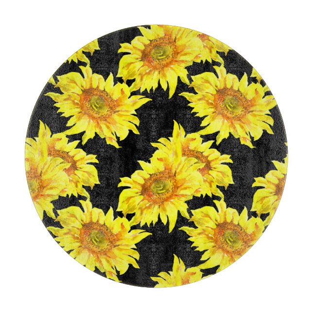 Watercolor Sunflower Seamless Black Pattern Cutting Board (Front)