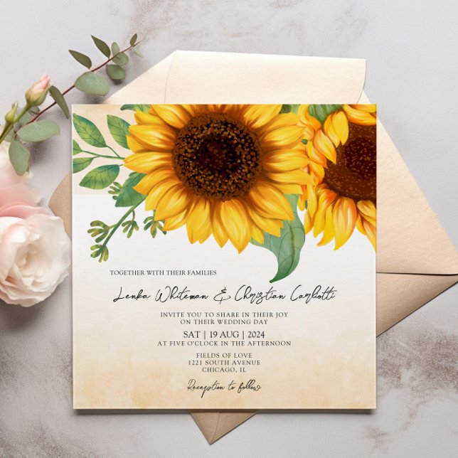 Watercolor Sunflower Square wedding  invitation (Creator Uploaded)