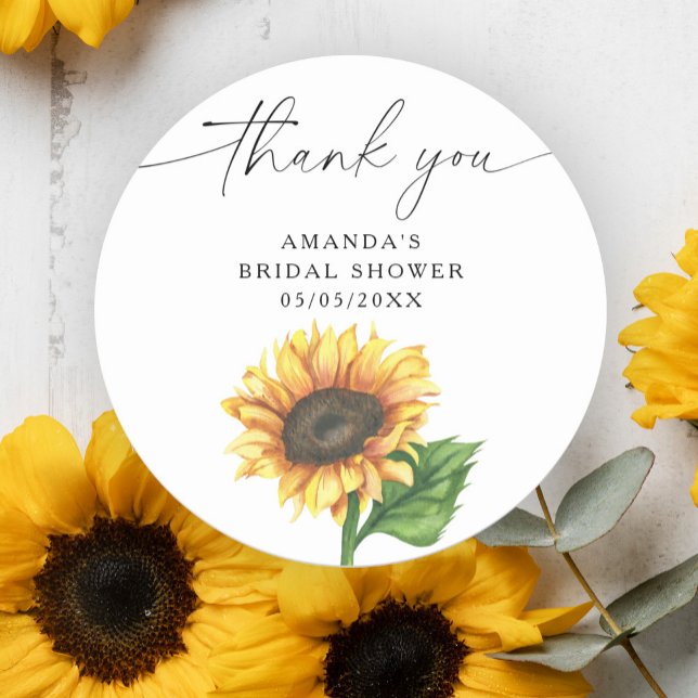 Watercolor sunflower, thank you bridal shower  classic round sticker (Creator Uploaded)
