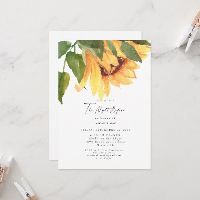 Watercolor Sunflower The Night Before Wedding  Invitation (Front/Back In Situ)