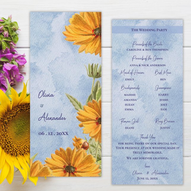 Watercolor Sunflower Wedding Ceremony Program Invitation (Watercolor Sunflower Wedding Program Card Summer Countryside Ceremony Program)