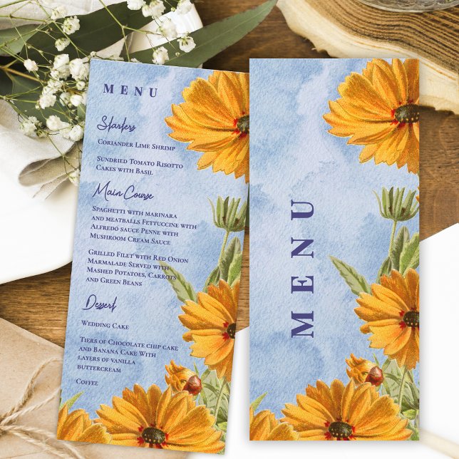 Watercolor Sunflower Wedding Reception Dinner Menu (Watercolor Sunflower Wedding Menu Card Summer Countryside Reception Dinner Menu)