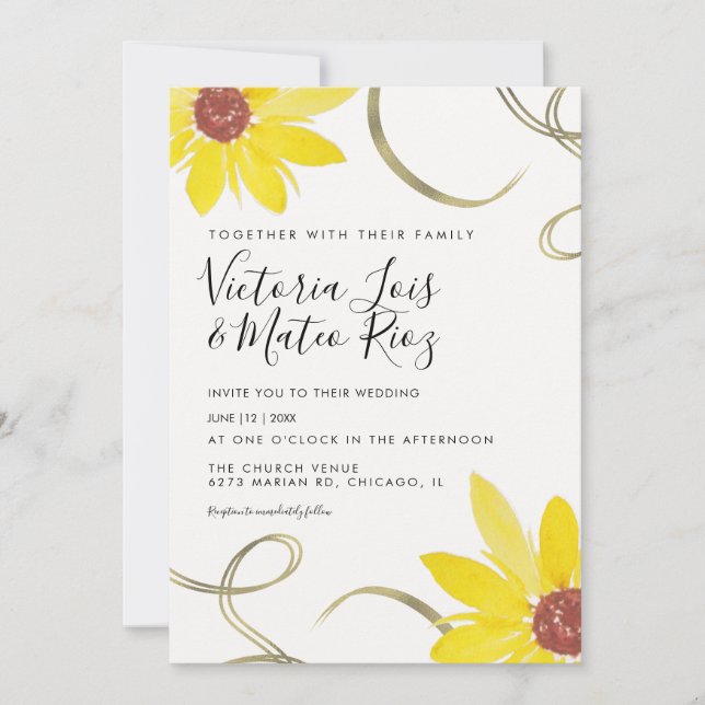 Watercolor Sunflower Wild Floral Swirl Wedding (Front)