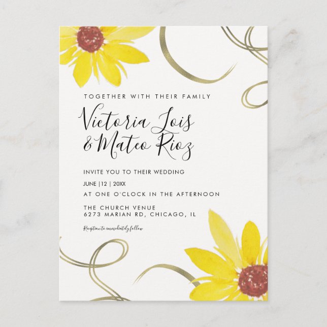 Watercolor Sunflower Wild Floral Swirl Wedding Postcard (Front)