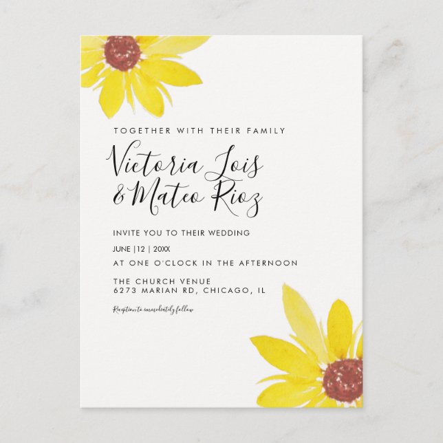 Watercolor Sunflower Wild Floral Yellow Wedding Postcard (Front)