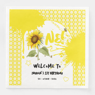 Watercolor Sunflower with Butterflies 1st Birthday Napkin