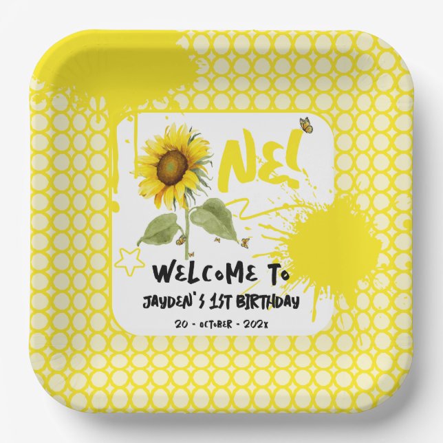 Watercolor Sunflower with Butterflies 1st Birthday Paper Plate (Front)