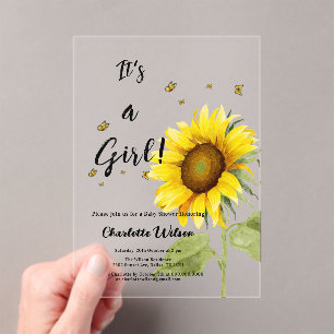 Watercolor Sunflower with Butterflies Baby Shower Acrylic Invitations