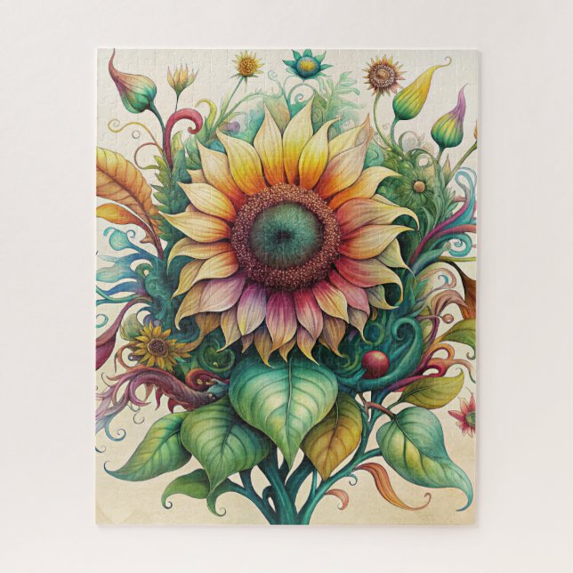 Watercolor Sunflower With Vines Puzzle #1 (Vertical)