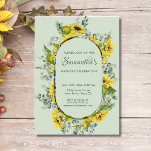 Watercolor Sunflower Wreath Birthday Party Invitation