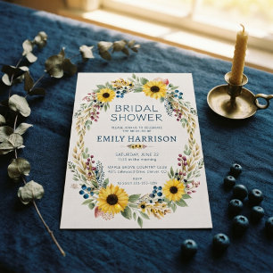 Watercolor Sunflower Wreath Rustic Bridal Shower Invitation