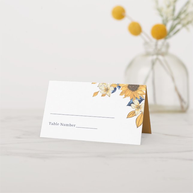 Watercolor Sunflower Yellow and Blue Wedding Place Card (Front)