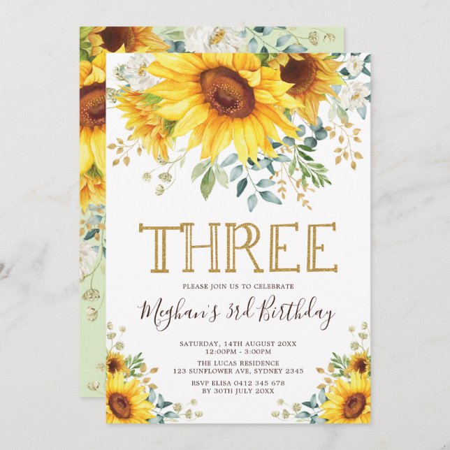 Watercolor Sunflowers 3rd Birthday Summer Floral Invitation (Front/Back)
