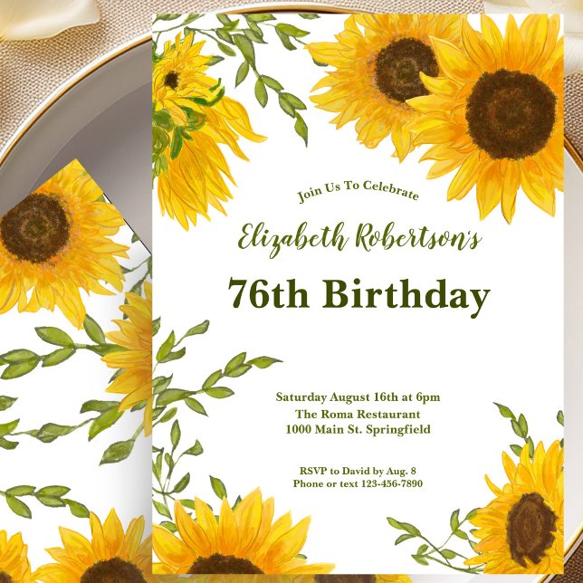 Watercolor Sunflowers 76th Birthday Invitation (Creator Uploaded)
