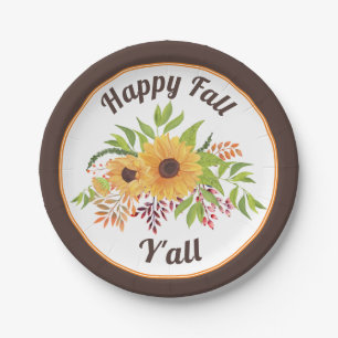 Watercolor sunflowers and berries Happy fall Y'all Paper Plate