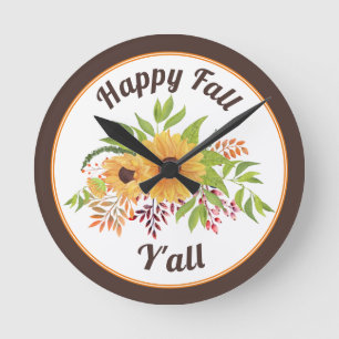 Watercolor sunflowers and berries Happy fall Y'all Round Clock