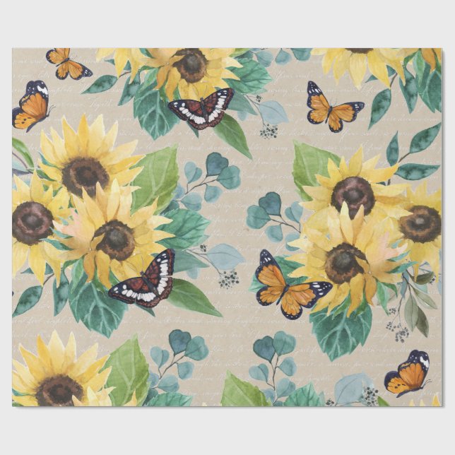 Watercolor Sunflowers and Butterflies Decoupage Wrapping Paper (Flat)