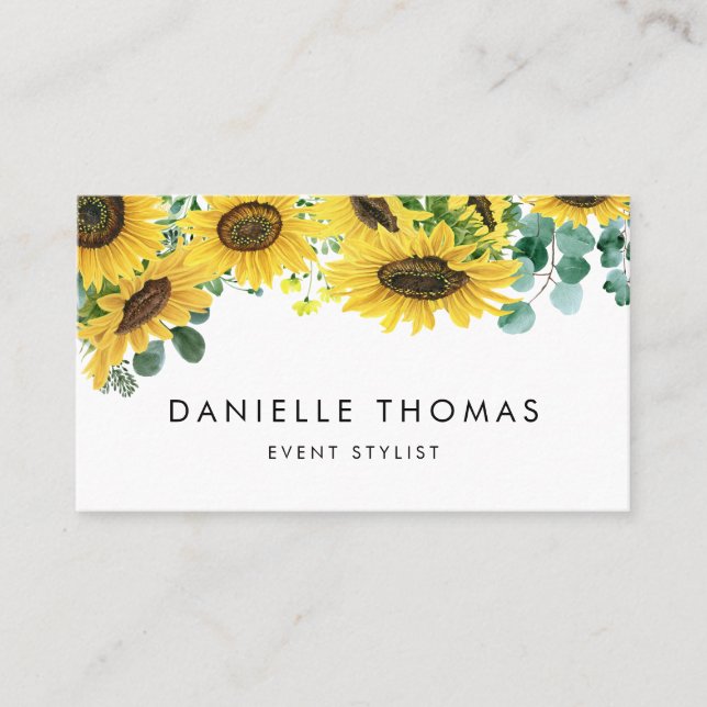 Watercolor Sunflowers and Eucalyptus Leaves Business Card (Front)