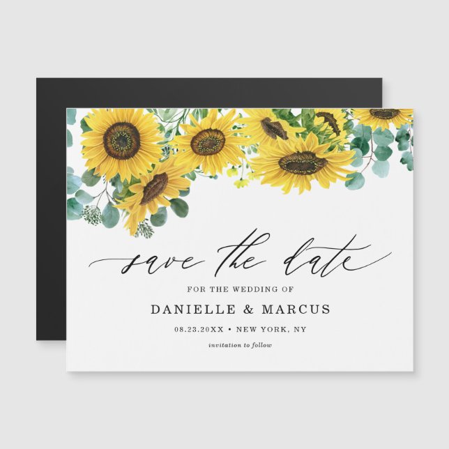 Watercolor Sunflowers and Eucalyptus Save the Date Magnetic Invitation (Front/Back)