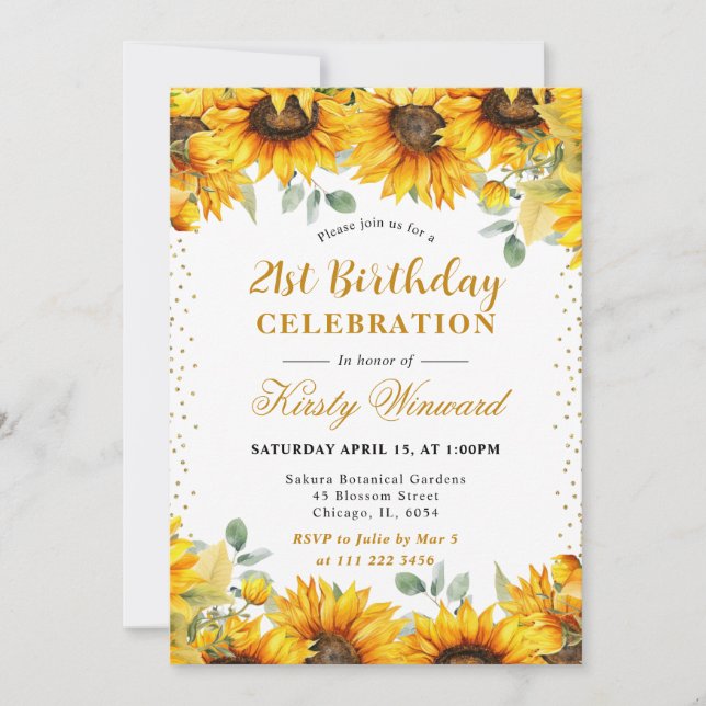 Watercolor Sunflowers and Gold Glitter Birthday Invitation (Front)
