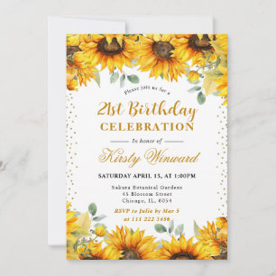 Watercolor Sunflowers and Gold Glitter Birthday Invitation