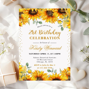 Watercolor Sunflowers and Gold Glitter Birthday Invitation