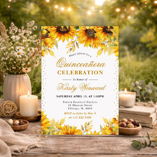 Watercolor Sunflowers and Gold Glitter Quinceanera Invitation