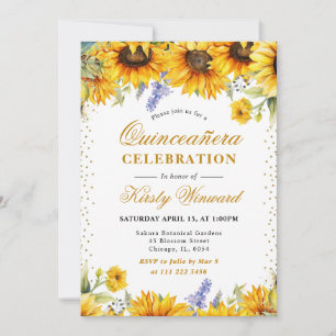 Watercolor Sunflowers and Gold Glitter Quinceanera Invitation