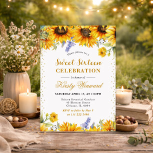 Watercolor Sunflowers and Gold Glitter Sweet 16 Invitation