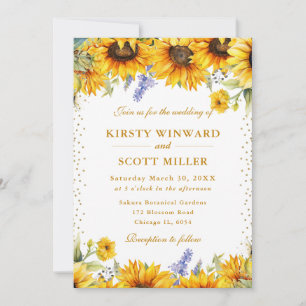 Watercolor Sunflowers and Gold Glitter Wedding Invitation