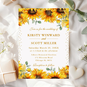 Watercolor Sunflowers and Gold Glitter Wedding Invitation