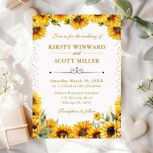 Watercolor Sunflowers and Gold Glitter Wedding Invitation