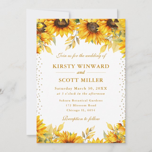 Watercolor Sunflowers and Gold Glitter Wedding Invitation (Front)