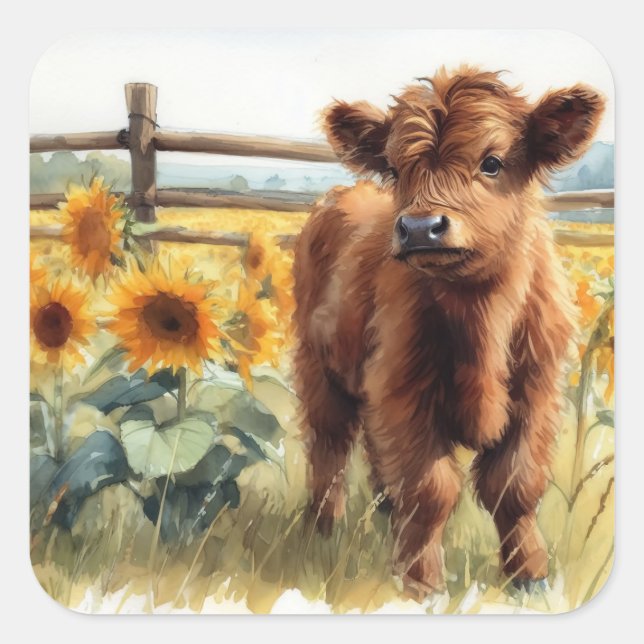 Watercolor Sunflowers and Highland Calf Square Sticker (Front)