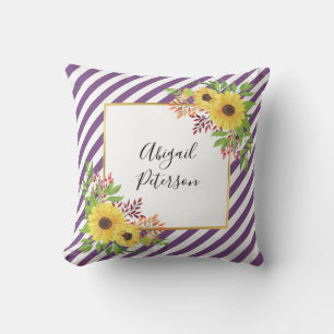 Watercolor sunflowers and purple striped pattern cushion