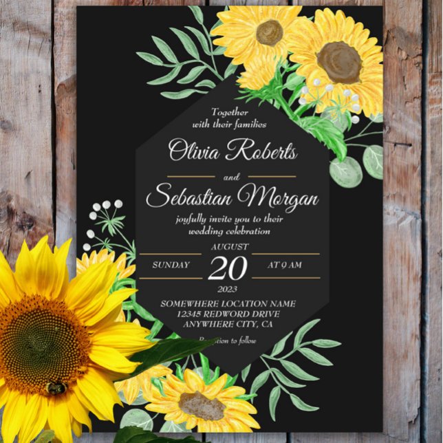 Watercolor Sunflowers Black Hexagon Wedding Invitation (Creator Uploaded)