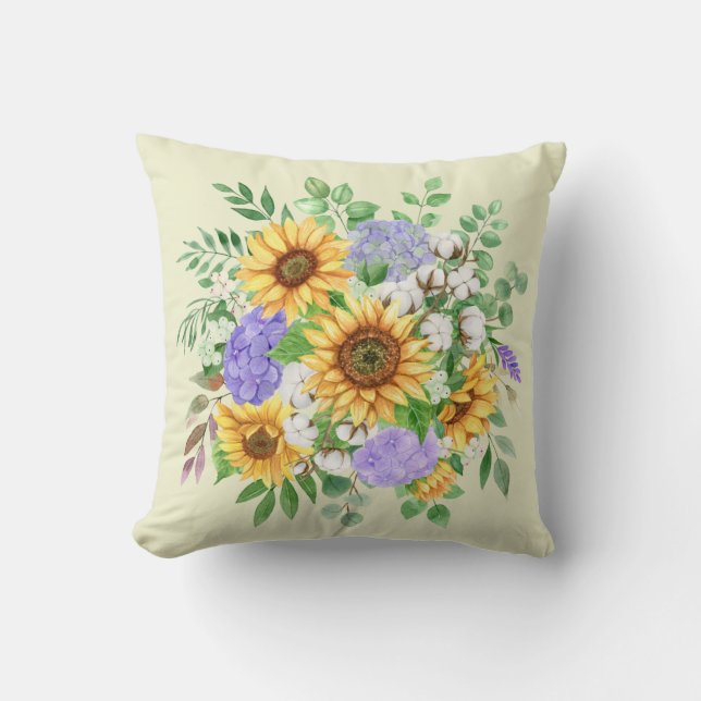 Watercolor Sunflowers & Blue Hydrangeas Cushion (Front)