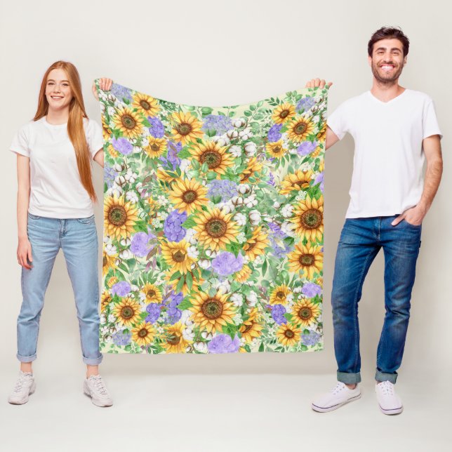 Watercolor Sunflowers & Blue Hydrangeas Fleece Blanket (In Situ)