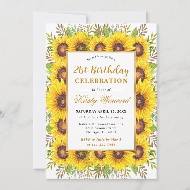 Watercolor Sunflowers Border Frame Birthday Invitation (Front)