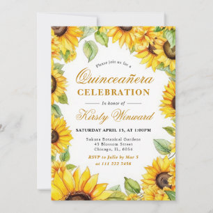 Watercolor Sunflowers Border Frame Quinceanera Invitation