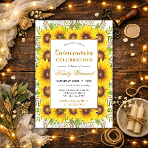Watercolor Sunflowers Border Frame Quinceanera Invitation
