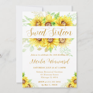 Watercolor Sunflowers Border Frame Sweet 16 Invitation