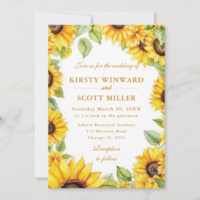 Watercolor Sunflowers Border Frame Wedding Invitation (Front)