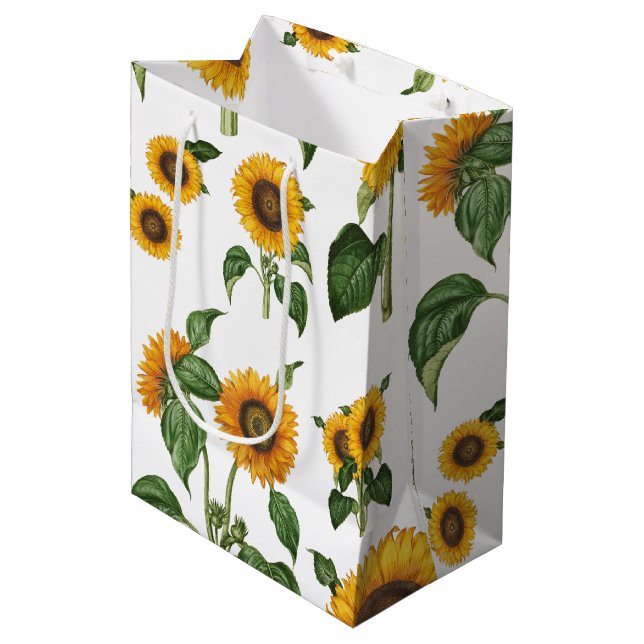 Watercolor Sunflowers Botanical Foliage Greenery Medium Gift Bag (Front Angled)