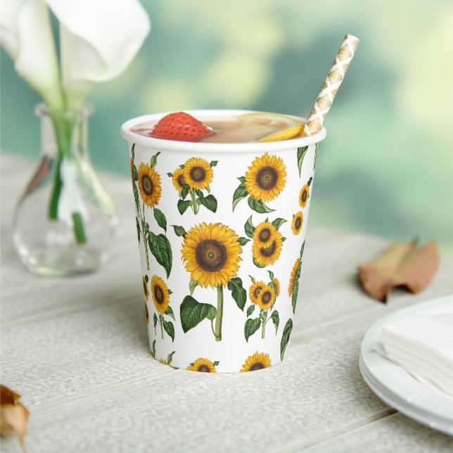 Watercolor Sunflowers Botanical Foliage Greenery Paper Cups (Insitu)