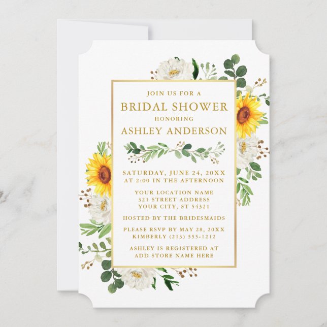 Watercolor Sunflowers Bridal Shower White Floral Invitation (Front)