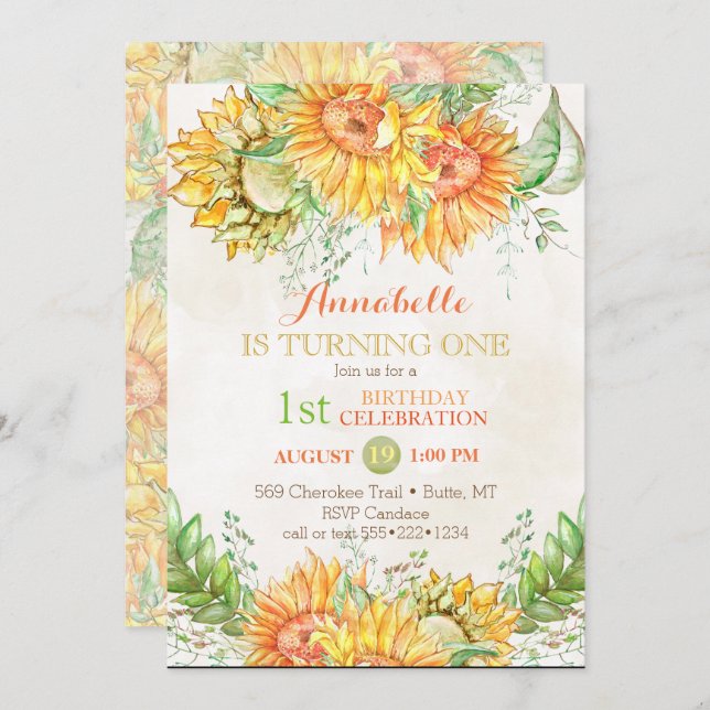 Watercolor Sunflowers Bright Orange Yellow Green Invitation (Front/Back)